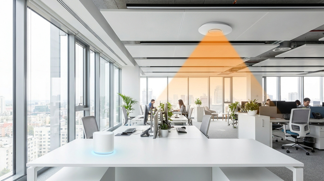 Optimiser le Wi-Fi dans un bureau moderne Bureau moderne avec un dispositif Wi-Fi mesh sur un bureau et un point d'accès au plafond émettant un signal orange.