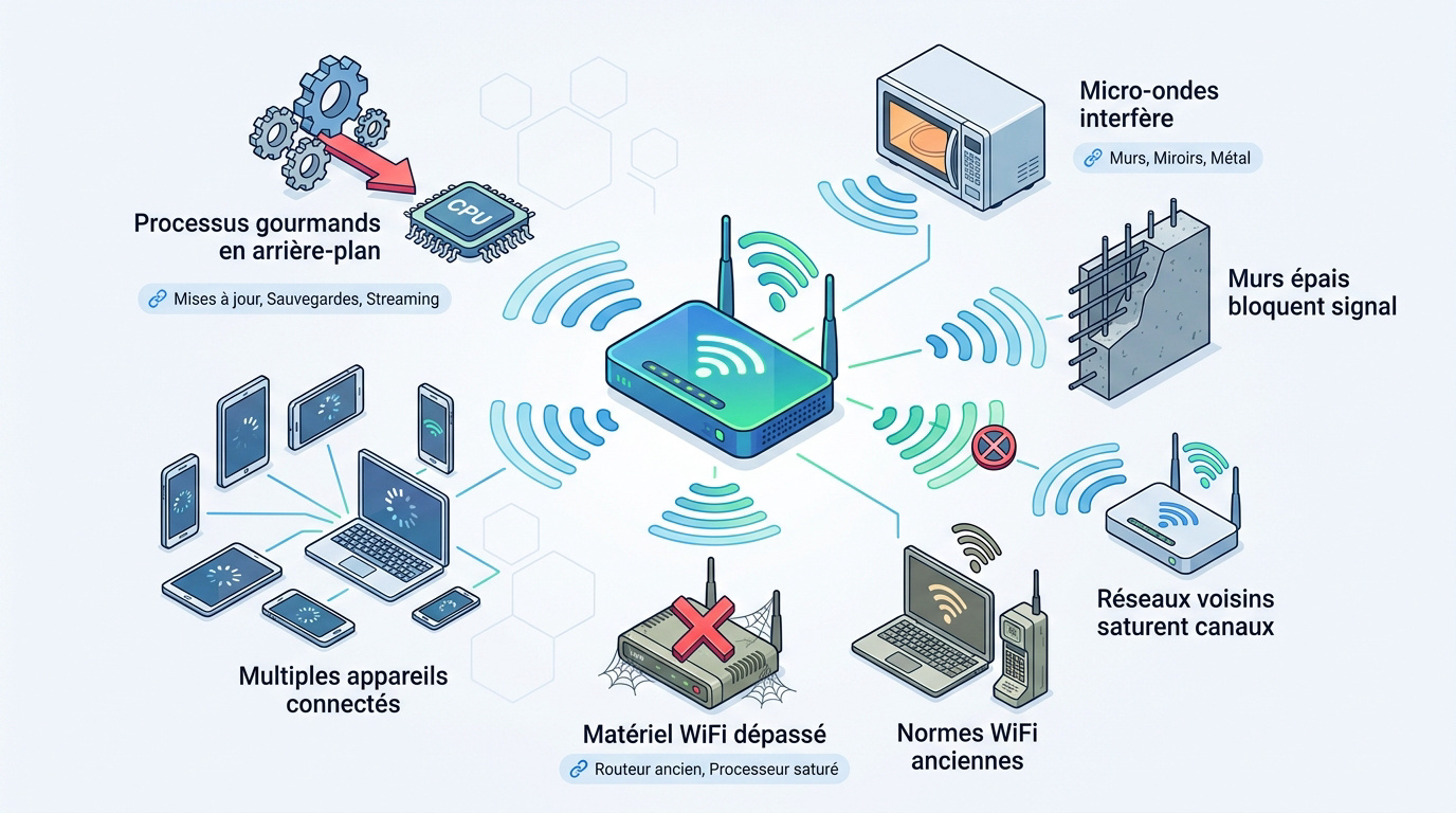 Infographie montrant les différentes sources d'interférences et obstacles pour le signal Wifi en entreprise