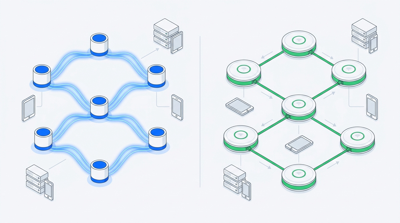 Comparaison entre architecture réseau Mesh et câblage Ethernet classique