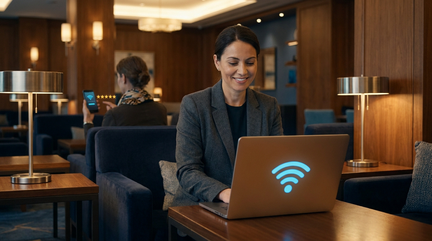 Wi-Fi puissant et avis positifs en hôtellerie Femme souriante utilisant un ordinateur portable avec icône Wi-Fi lumineuse dans un hall d'hôtel. À l'arrière, une personne évalue 5 étoiles le Wi-Fi sur son téléphone.