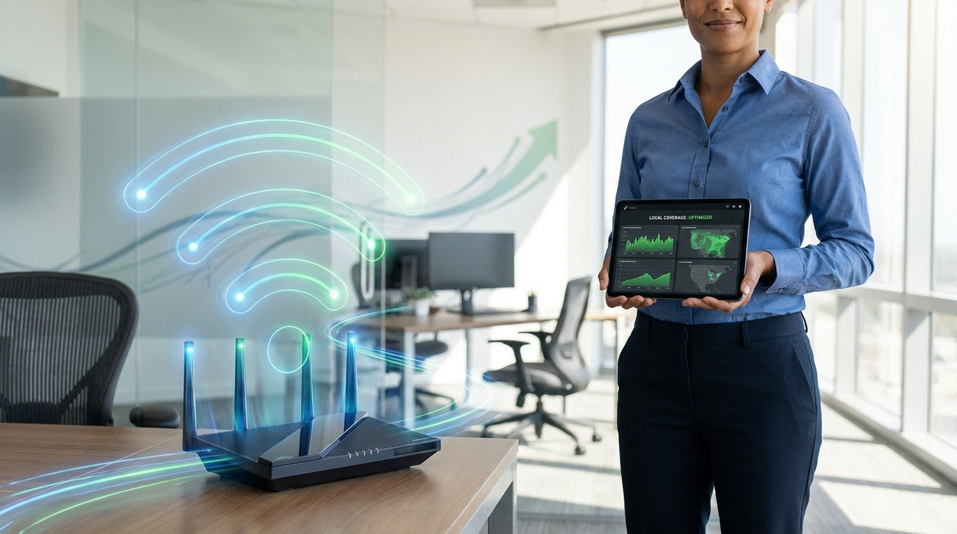 Optimisation Wi-Fi pour une migration réussie Une femme tient une tablette avec des cartes de couverture réseau optimisée, près d'un routeur Wi-Fi lumineux dans un bureau moderne.