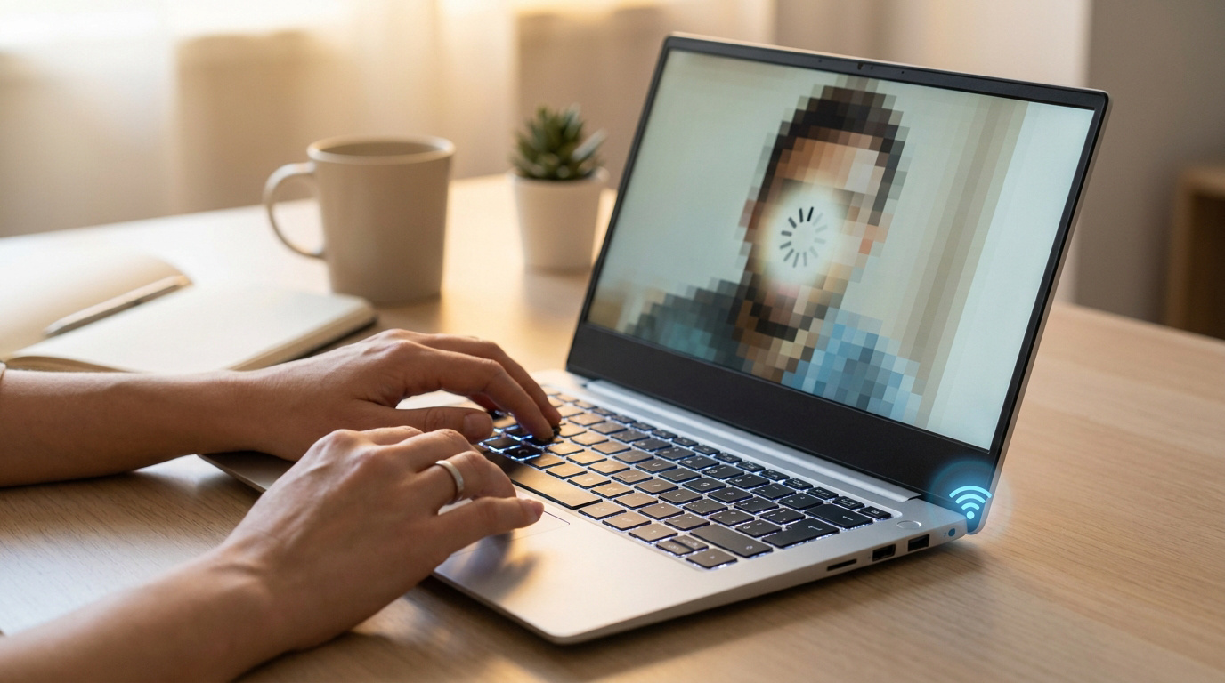 Visioconférence lente : WiFi instable et pixelisé Mains tapant sur un ordinateur portable affichant une visioconférence pixelisée avec icône de chargement. Le symbole WiFi brille.