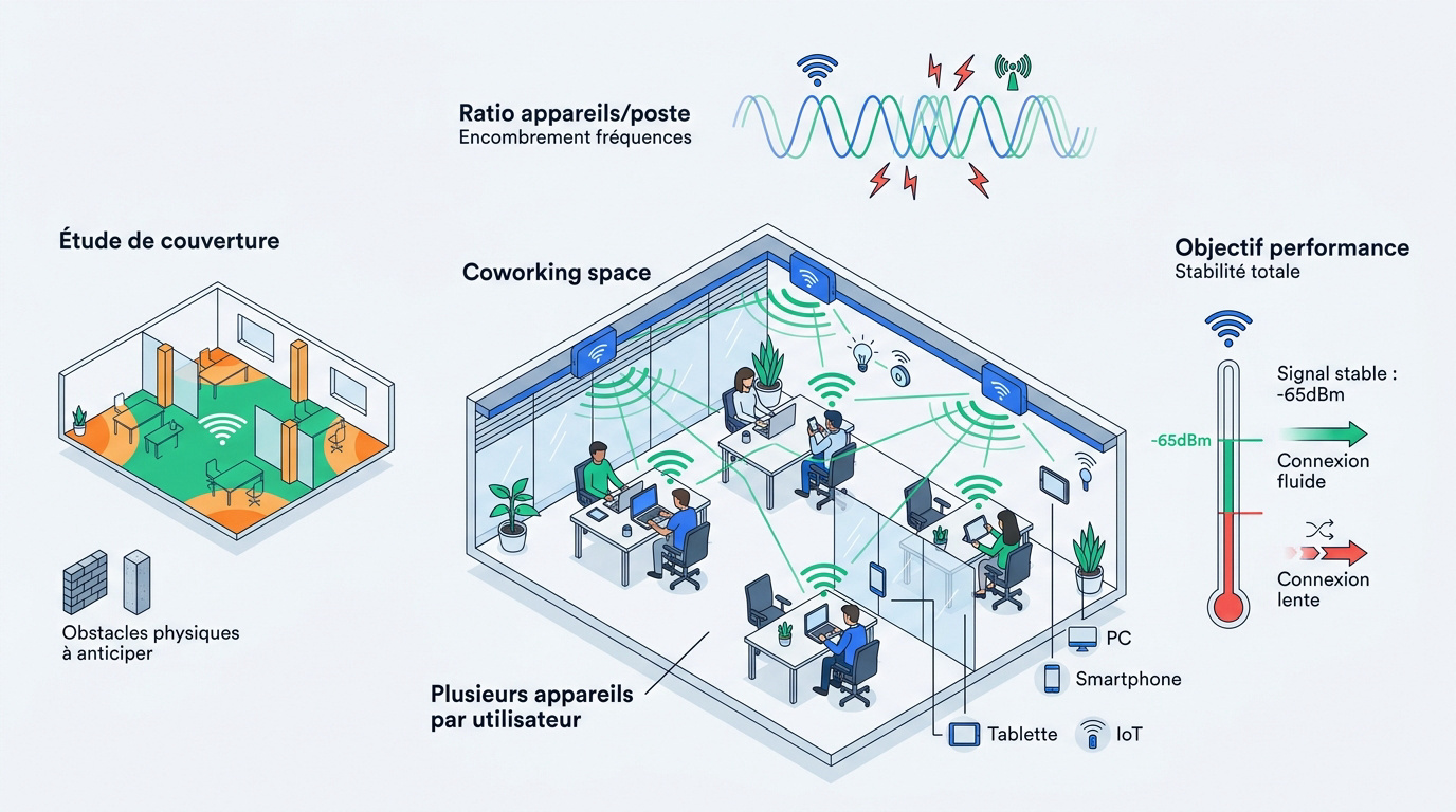Schéma de dimensionnement WiFi professionnel pour espace de coworking