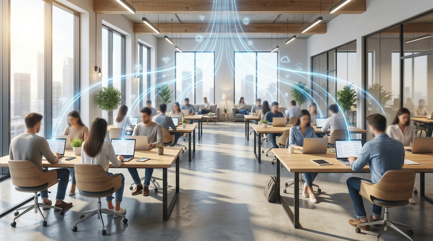 Connectivité Wi-Fi optimale dans un espace de coworking Espace coworking moderne et lumineux où des professionnels travaillent sur laptops, illustrant une connectivité Wi-Fi intense et fluide.