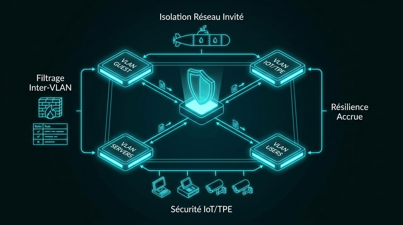 Schéma d'une architecture réseau professionnelle segmentée par VLAN pour une sécurité maximale