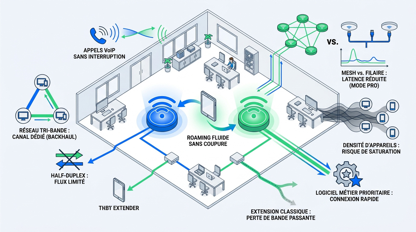 Schéma d'un réseau Wi-Fi d'entreprise optimisé pour le roaming et la VoIP
