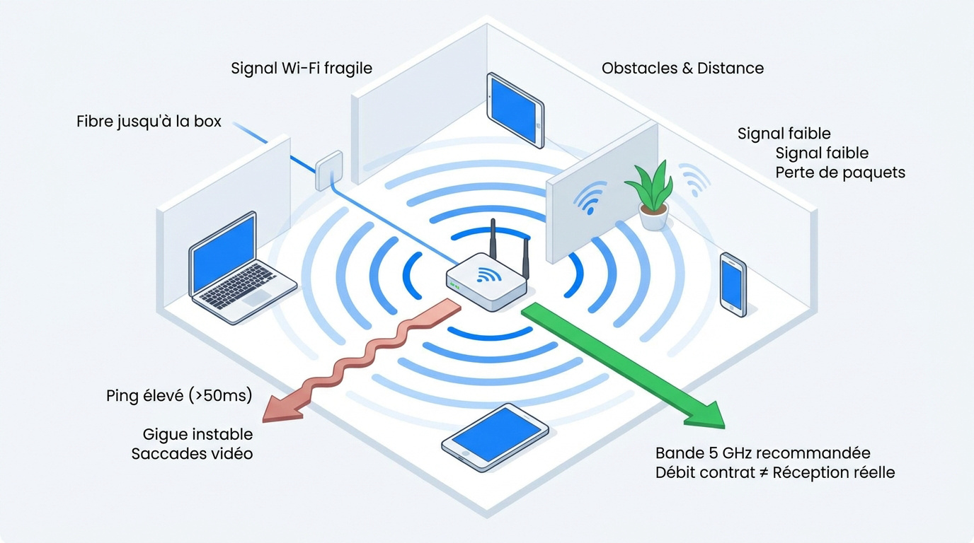 Illustration des obstacles physiques impactant le signal Wi-Fi dans un bureau