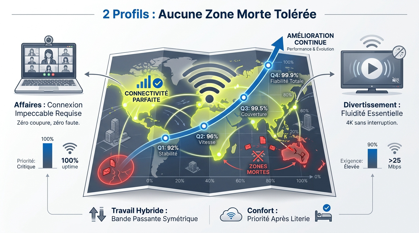 Infographie présentant les profils de voyageurs d'affaires et de loisirs exigeants sur la qualité du Wi-Fi