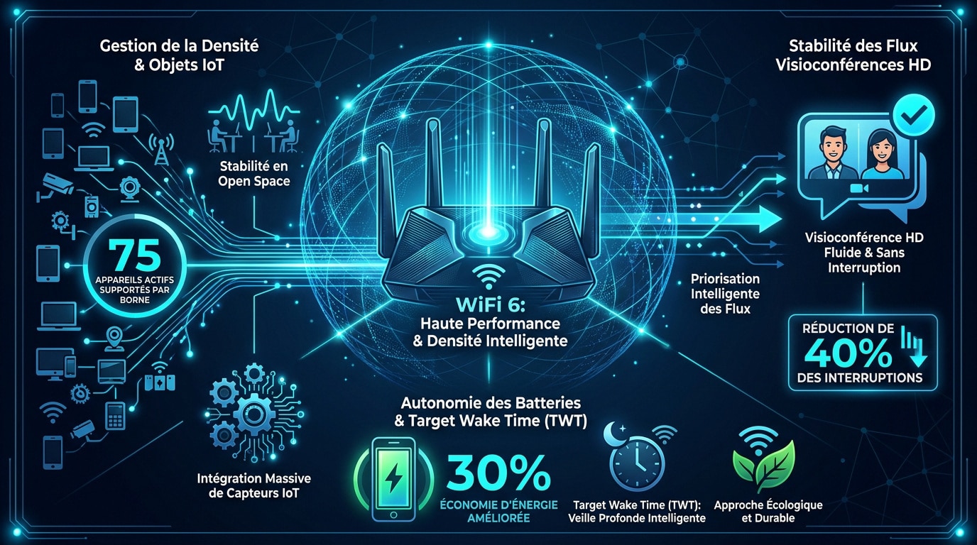 Infographie comparative des performances et de la connectivité du WiFi 6 en entreprise