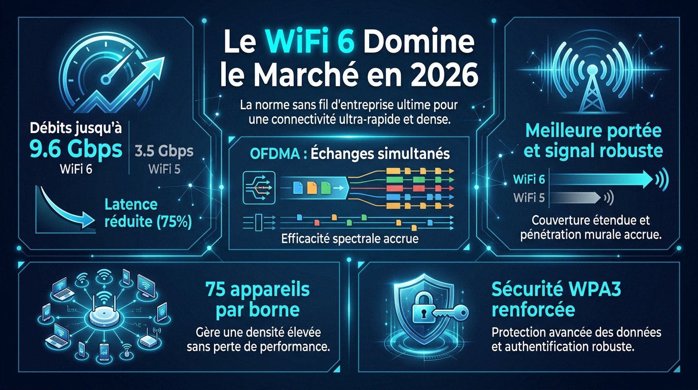 Infrastructure réseau WiFi 6 moderne pour entreprise en 2026