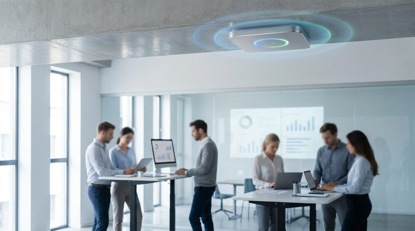 Borne Wi-Fi professionnelle et équipe en bureau moderne Borne Wi-Fi élégante fixée au plafond, émettant des ondes lumineuses, au-dessus d'un bureau moderne avec employés travaillant sur laptops.