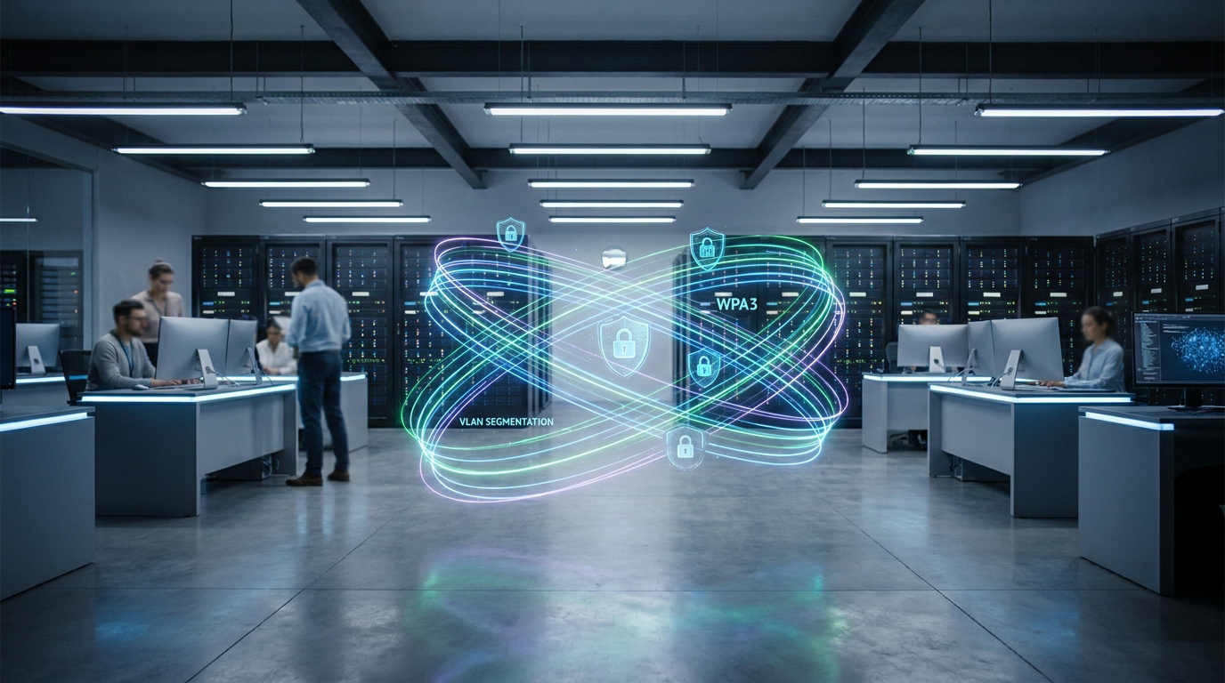 Sécurité Wi-Fi pro : WPA3 et segmentation VLAN Salle serveur moderne, des employés travaillent. Une projection holographique montre WPA3, segmentation VLAN et icônes de cadenas.
