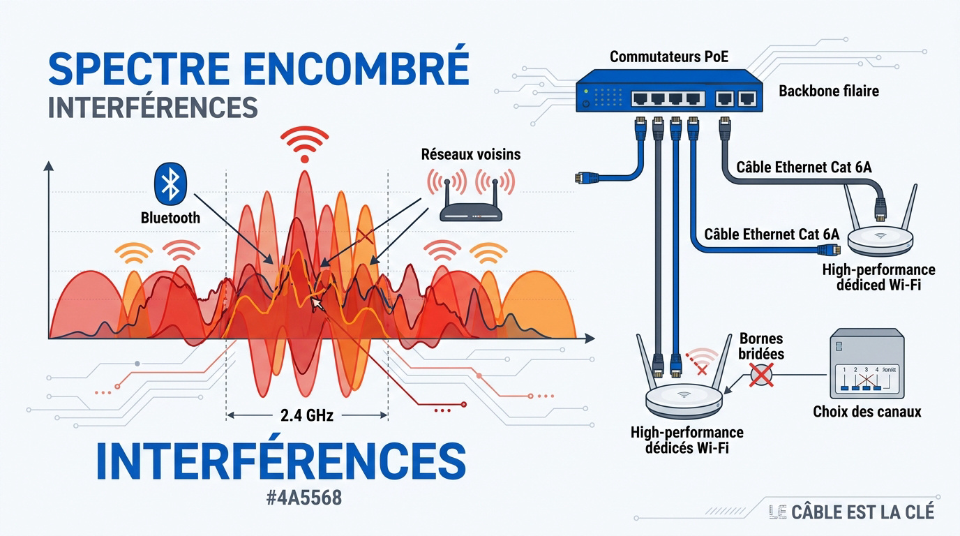 Schéma illustrant la saturation des fréquences Wi-Fi et les interférences radio