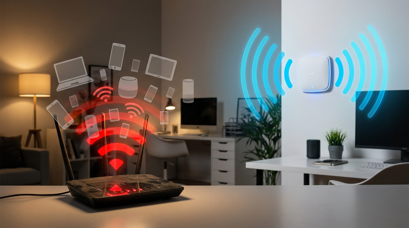 Optimisation Wi-Fi : Du routeur saturé au point d’accès performant Image comparant un routeur Wi-Fi saturé (rouge, multiples appareils connectés) et un point d'accès mural performant (bleu).