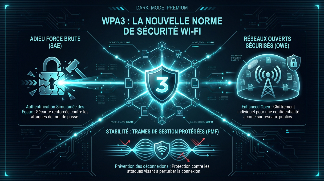 Schéma explicatif de la norme de sécurité Wi-Fi WPA3 pour les professionnels