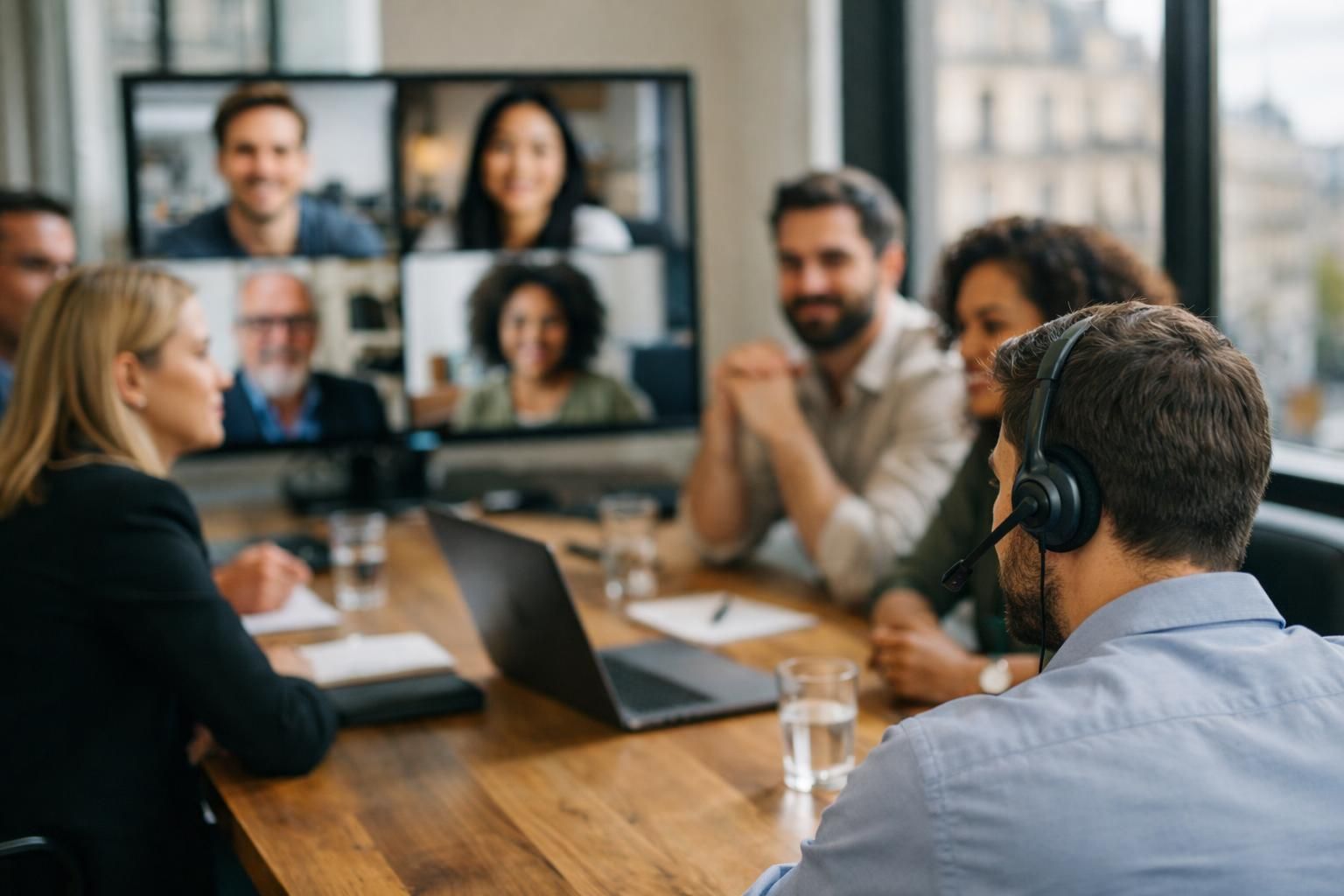 Réunion hybride en visioconférence Microsoft Teams dans un bureau parisien