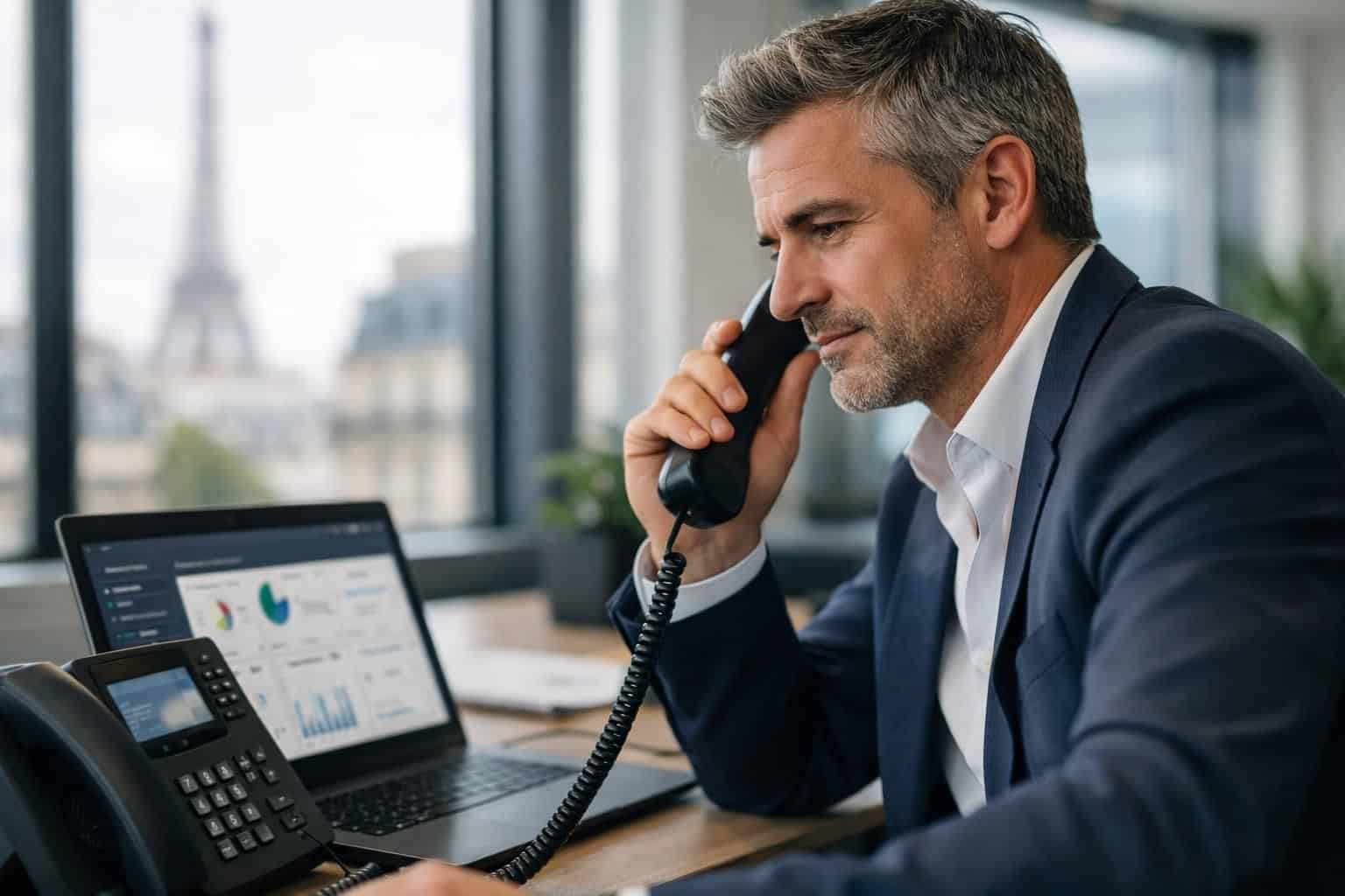 Dirigeant de PME utilisant un standard téléphonique IPBX dans un bureau parisien