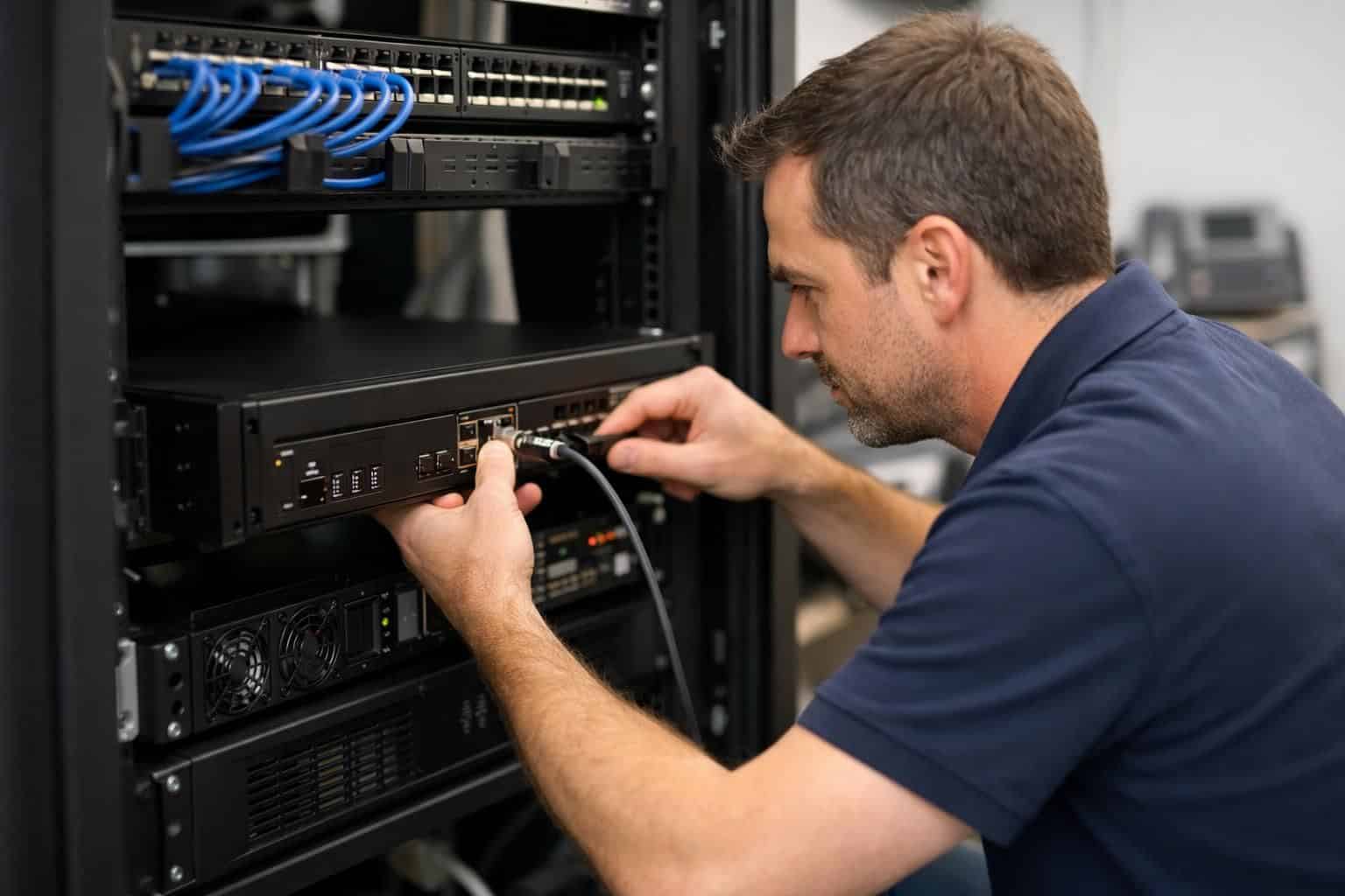 Technicien installant un serveur de téléphonie IP IPBX dans une PME