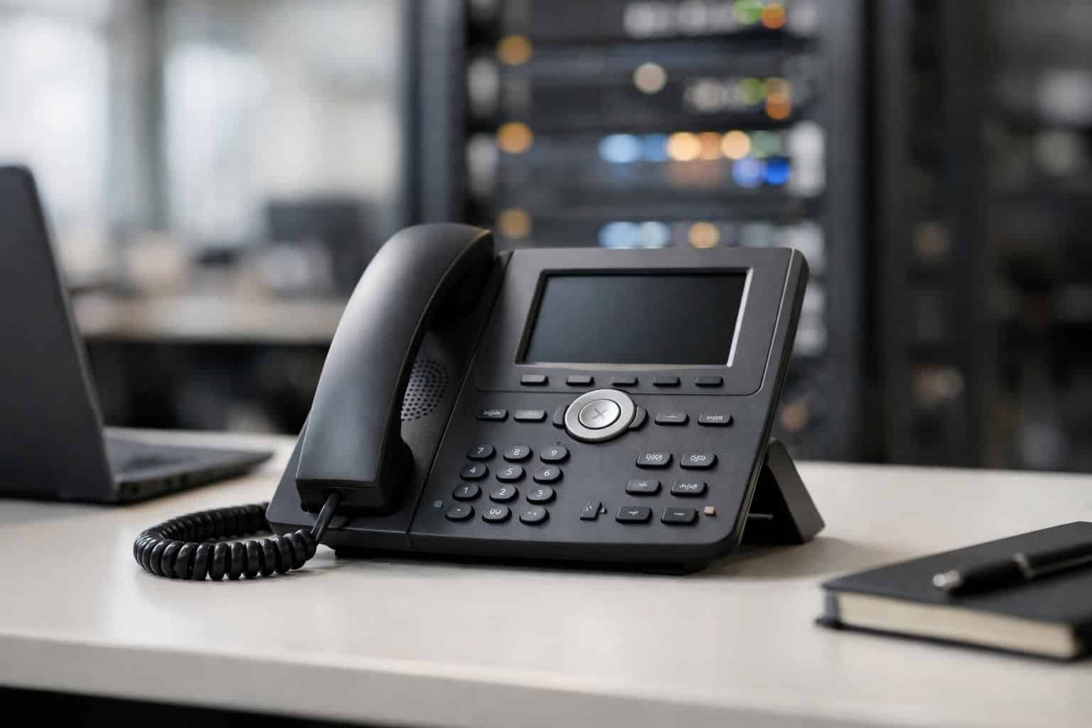 Téléphone IP de bureau relié à un IPBX dans un open space d'entreprise