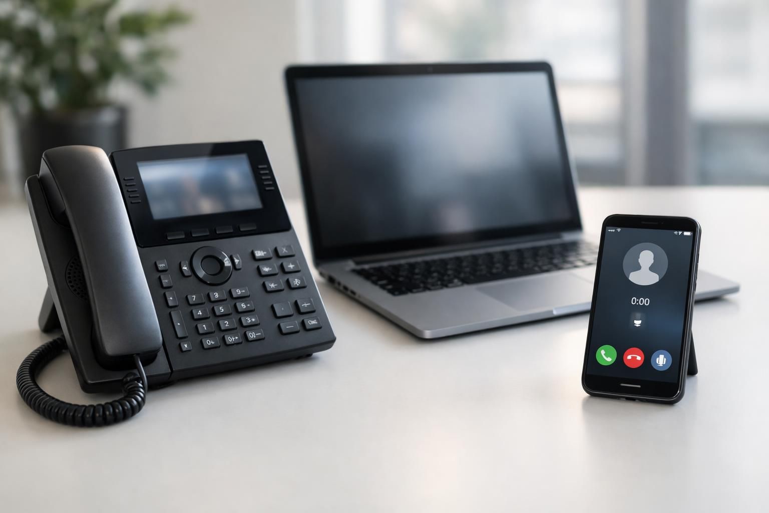 Téléphone IP et softphone Teams Phone sur un bureau d'entreprise parisienne