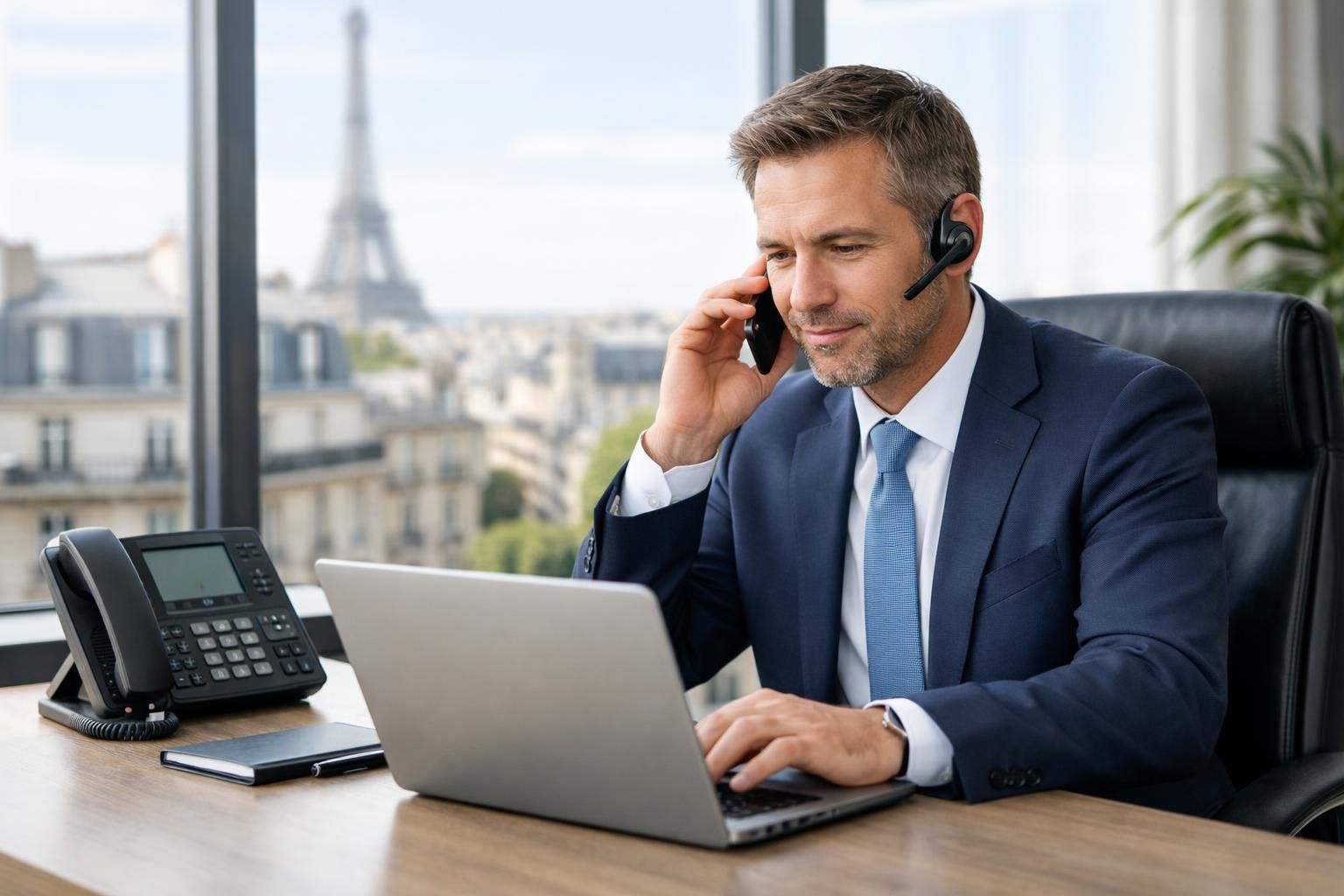Téléphonie Teams – standard téléphonique Microsoft Teams Dirigeant en appel via la téléphonie Teams dans un bureau parisien