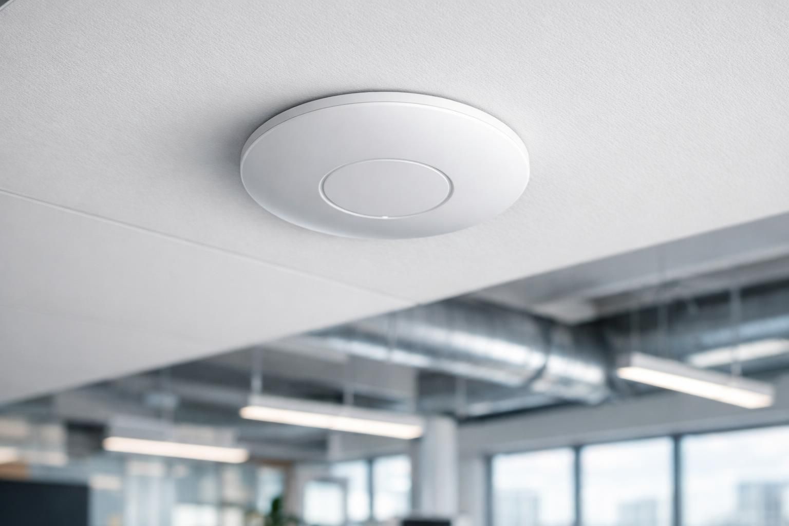 Point d'accès wifi Ubiquiti UniFi monté au plafond d'un open space