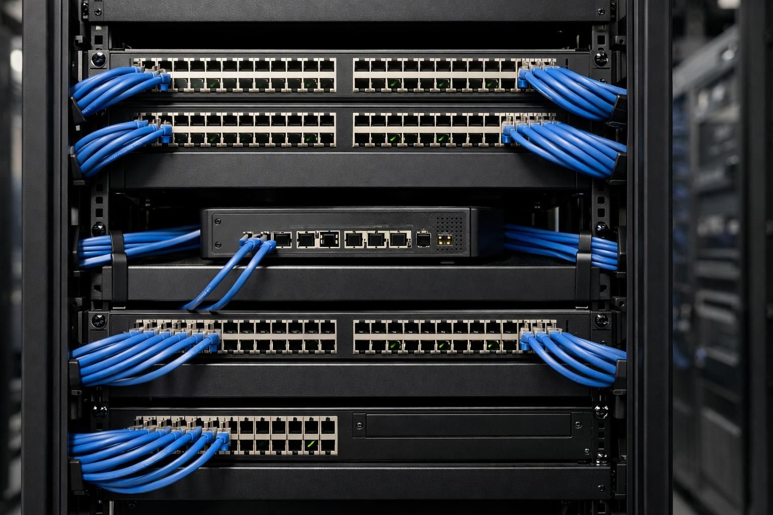 Baie réseau avec switchs PoE et passerelle UniFi dans une PME