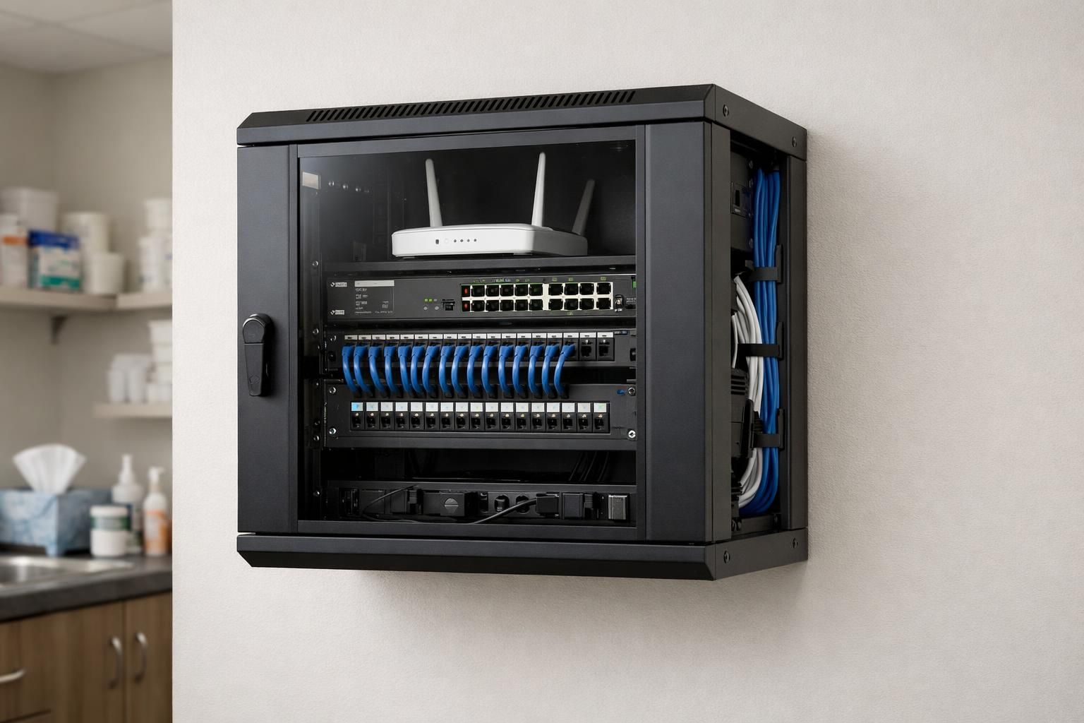 Baie réseau et switch pour la segmentation VLAN d'un cabinet médical