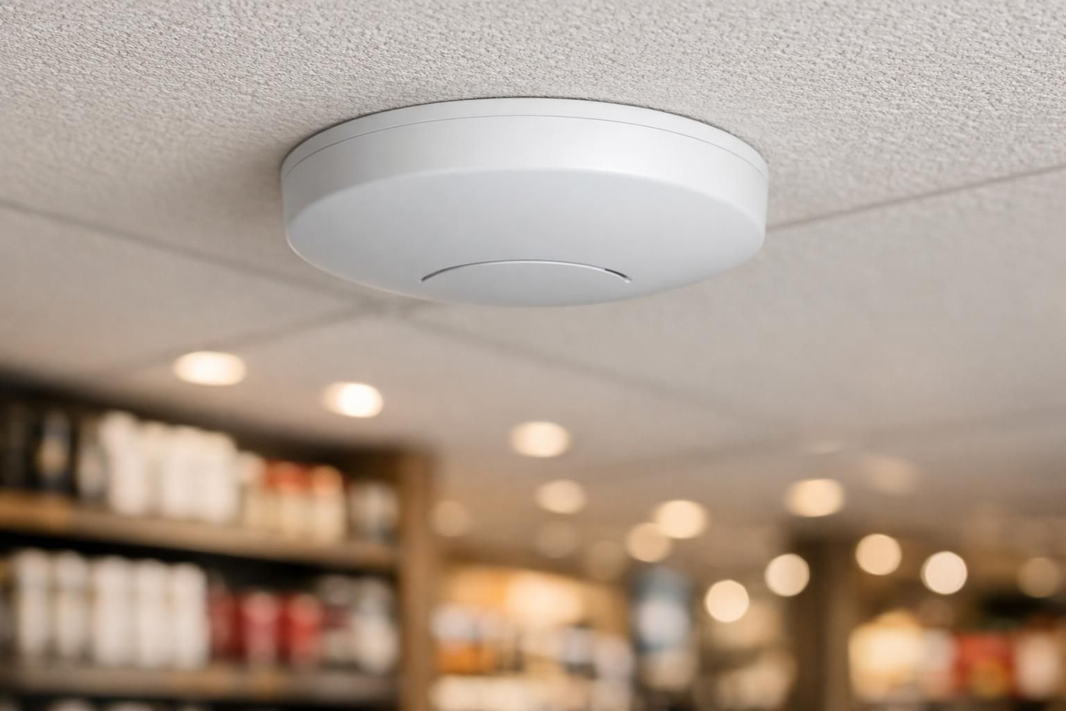 Borne WiFi professionnelle au plafond d'une surface de vente commerciale