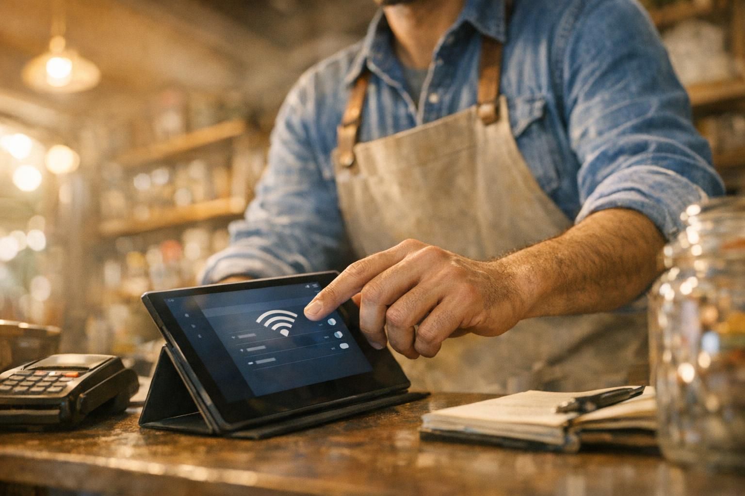 Gérant configurant son WiFi Instant On sur une tablette derrière un comptoir