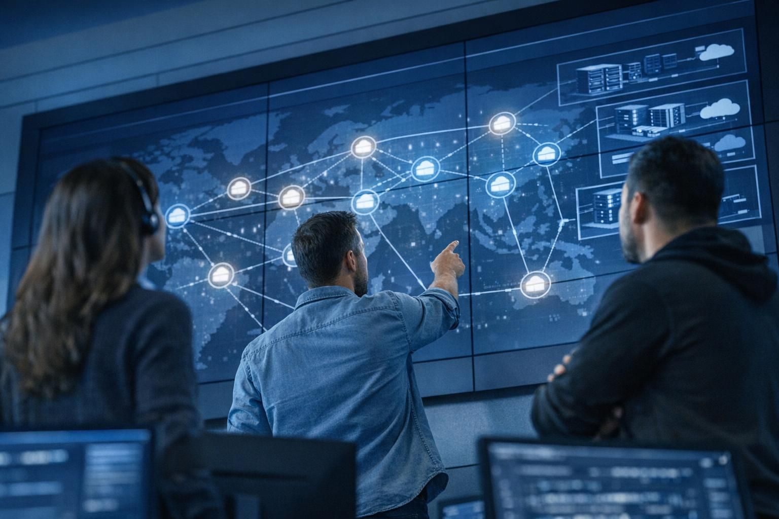 Équipe IT supervisant un réseau multi-sites sur un écran mural
