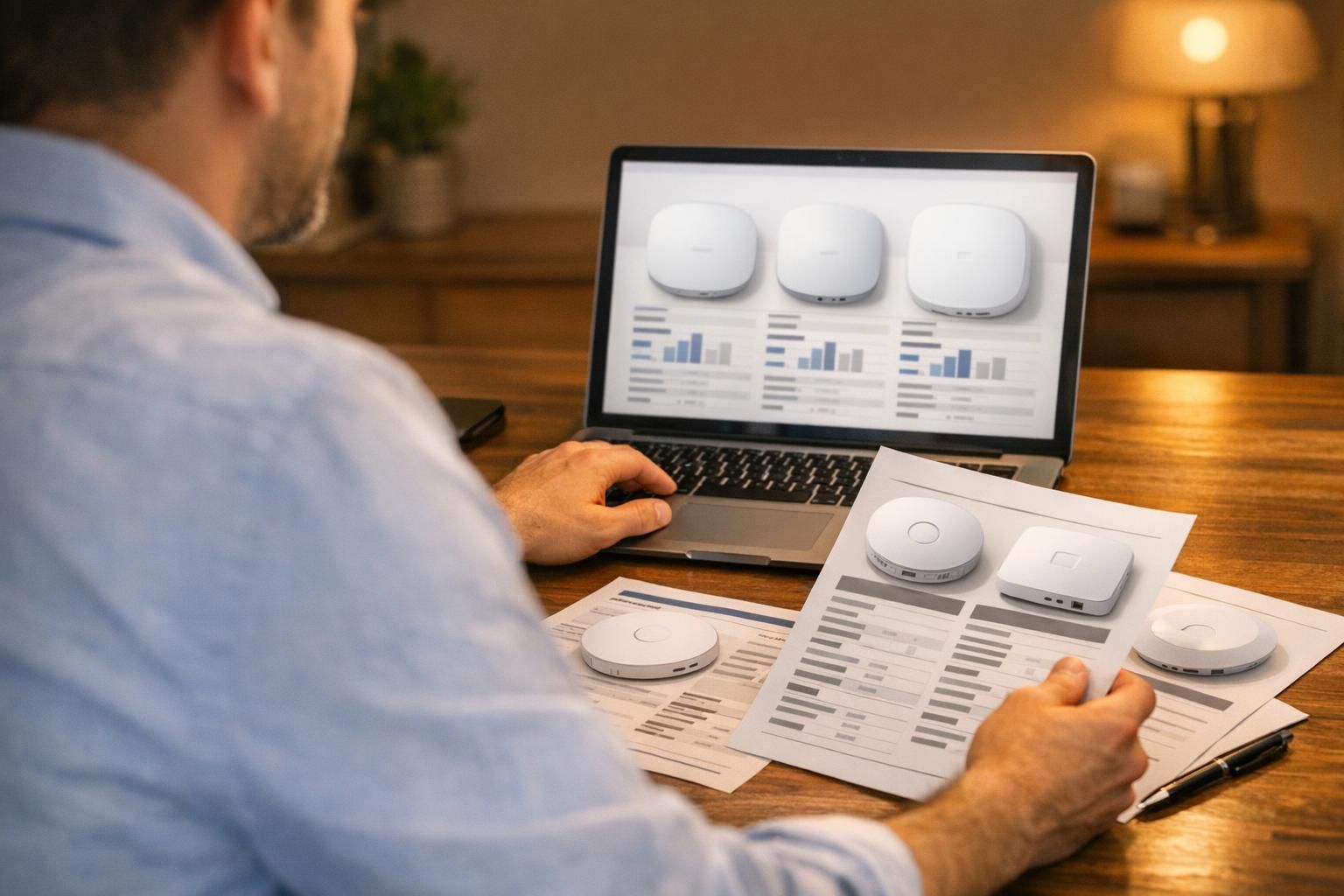 Consultant IT comparant des modèles de bornes WiFi sur un ordinateur portable