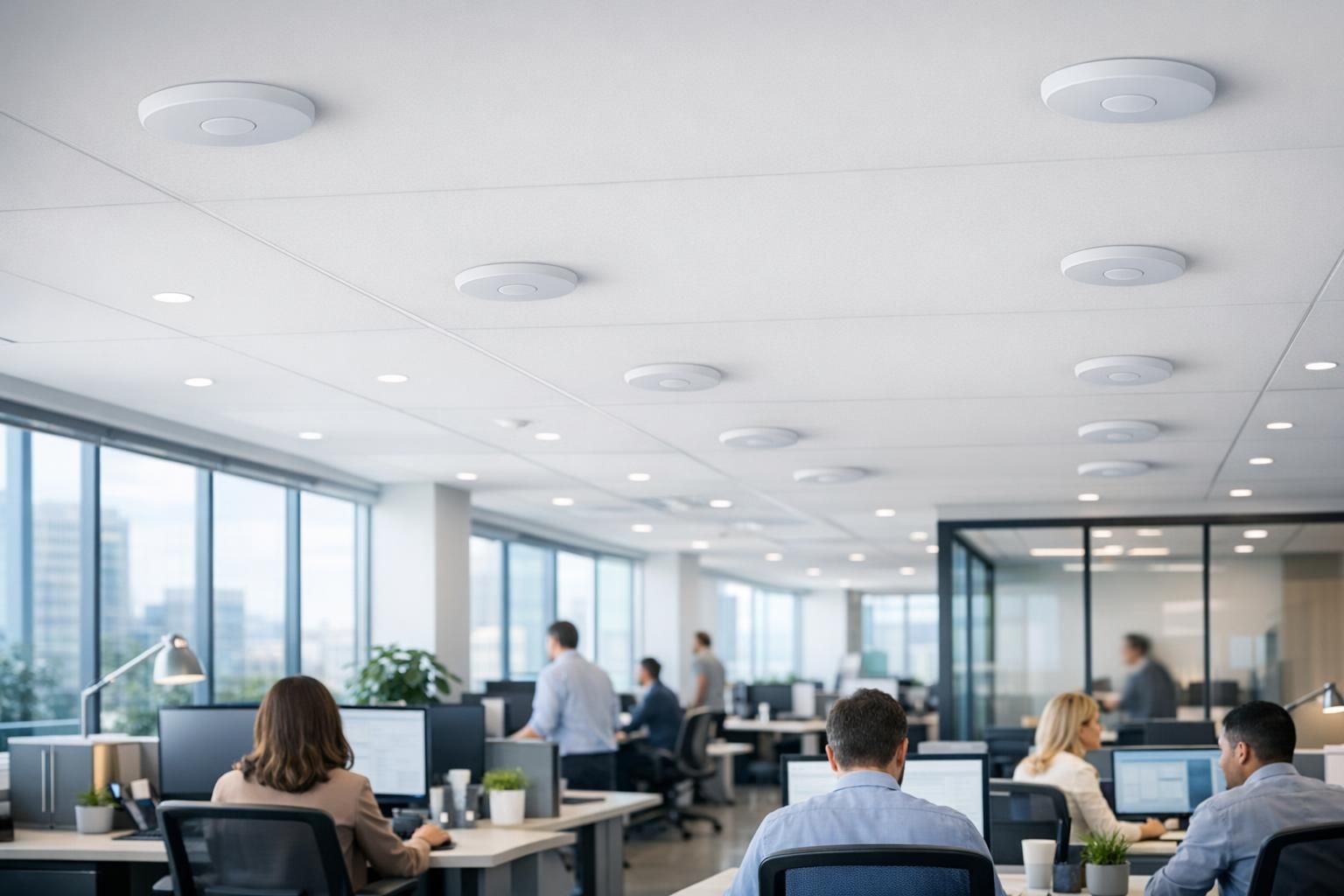 Comparatif bornes WiFi professionnelles Bureaux d'entreprise équipés de plusieurs bornes WiFi professionnelles au plafond