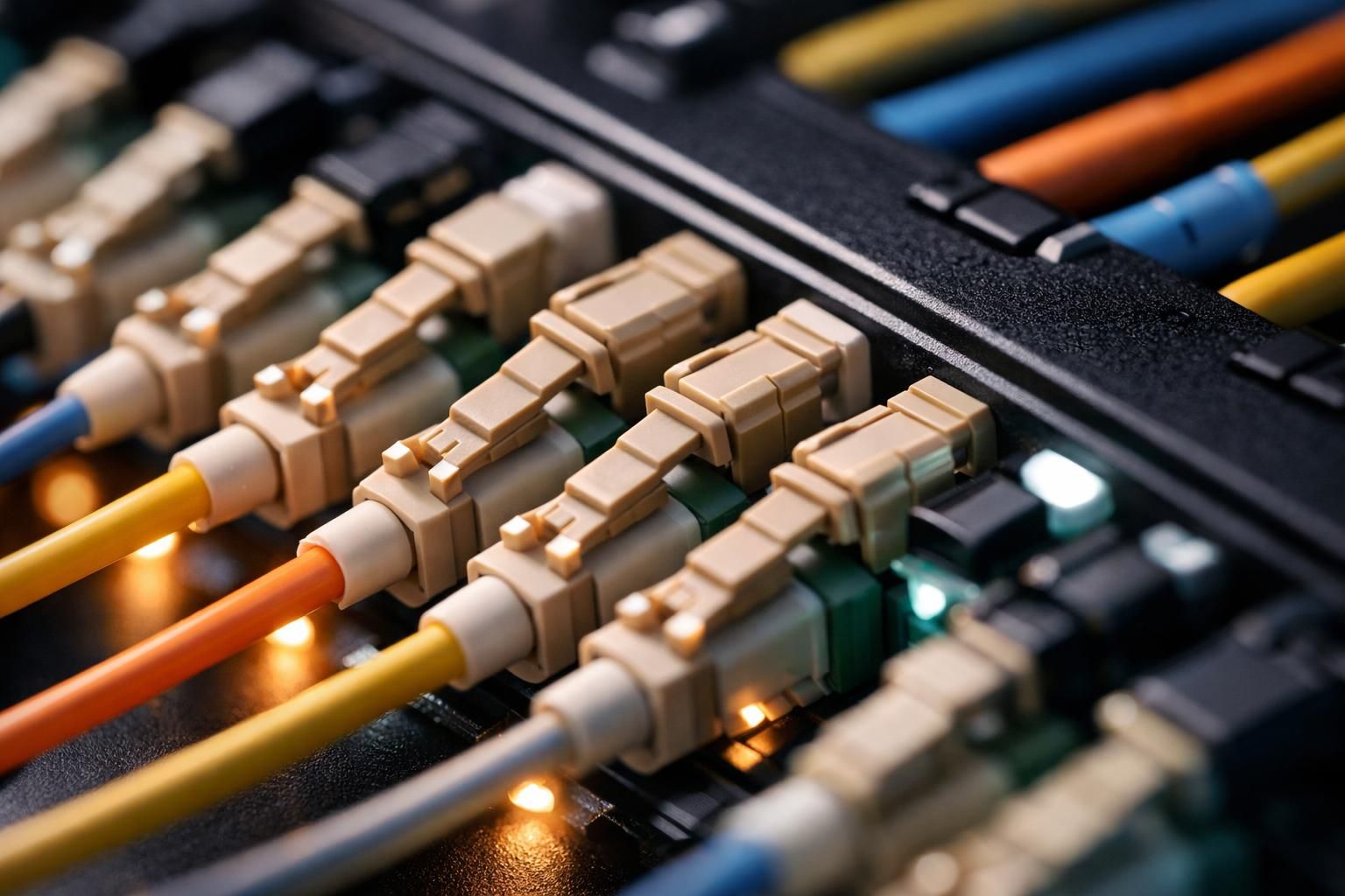 Gros plan sur des connecteurs de fibre optique raccordés à un panneau de brassage