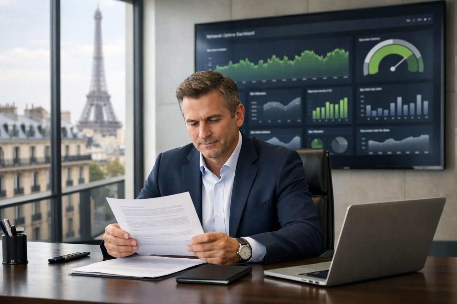 GTI vs GTR – contrat fibre professionnelle Dirigeant examinant un contrat fibre pro avec tableau de bord de disponibilité réseau