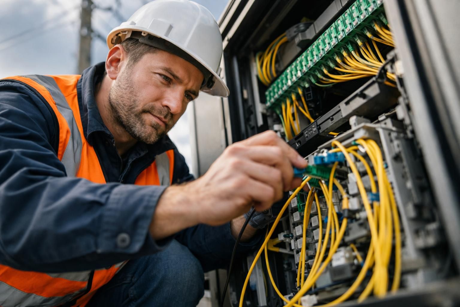 Technicien intervenant sur une armoire réseau fibre lors d'un incident