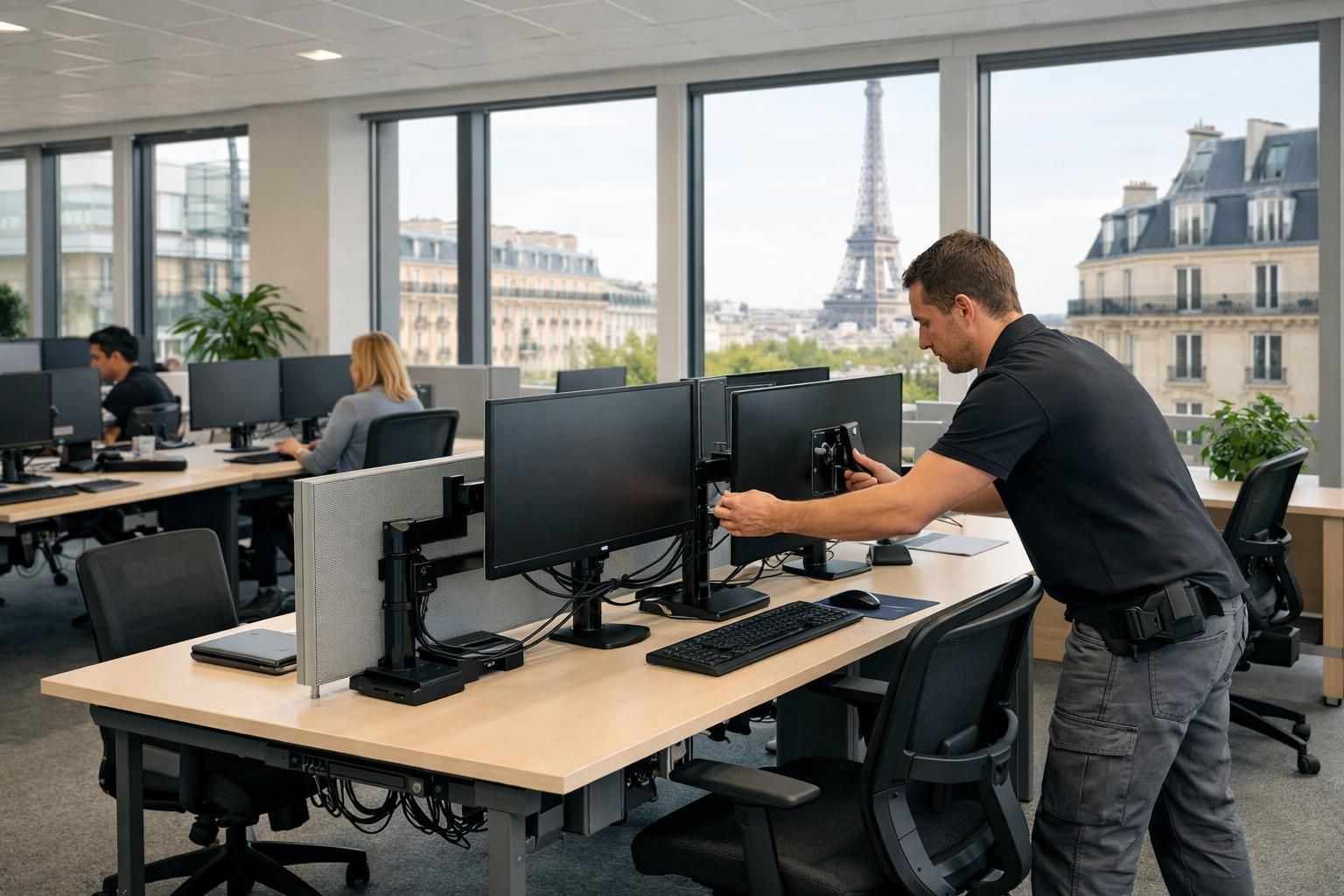 Installation postes de travail bureau Paris Installation de postes de travail ergonomiques et connectés dans un bureau parisien