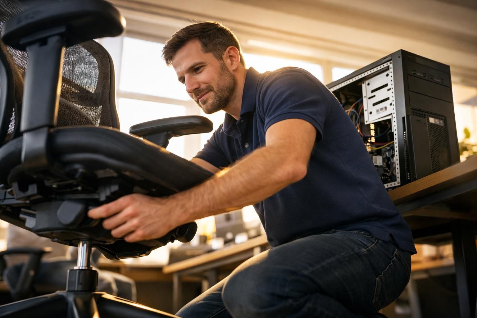 Technicien configurant un poste informatique et réglant un siège ergonomique