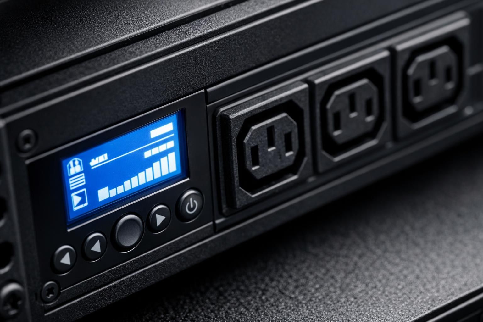 Gros plan sur l'écran LCD et les prises IEC-C13 d'un onduleur rackable