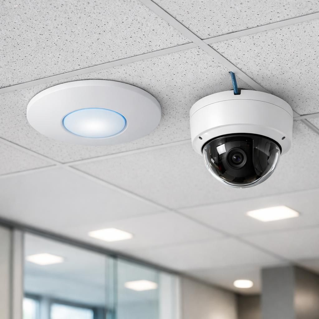 Borne wifi et caméra IP au plafond alimentées par un seul câble Ethernet PoE