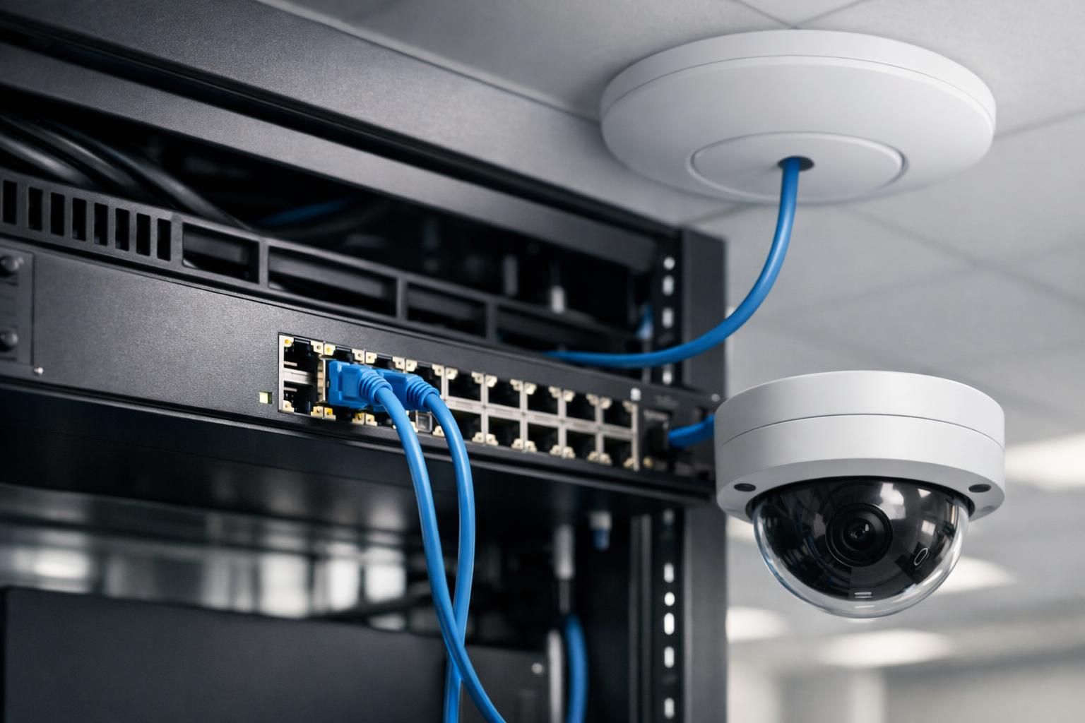 Power over Ethernet entreprise – switch PoE Switch PoE alimentant une borne wifi et une caméra IP en entreprise