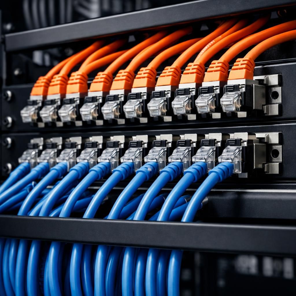Panneau de brassage avec câbles RJ45 organisés dans une baie réseau d'entreprise