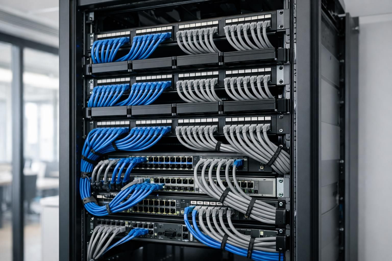 Réseau VDI entreprise – baie de brassage Baie de brassage VDI et câblage RJ45 dans un bureau parisien