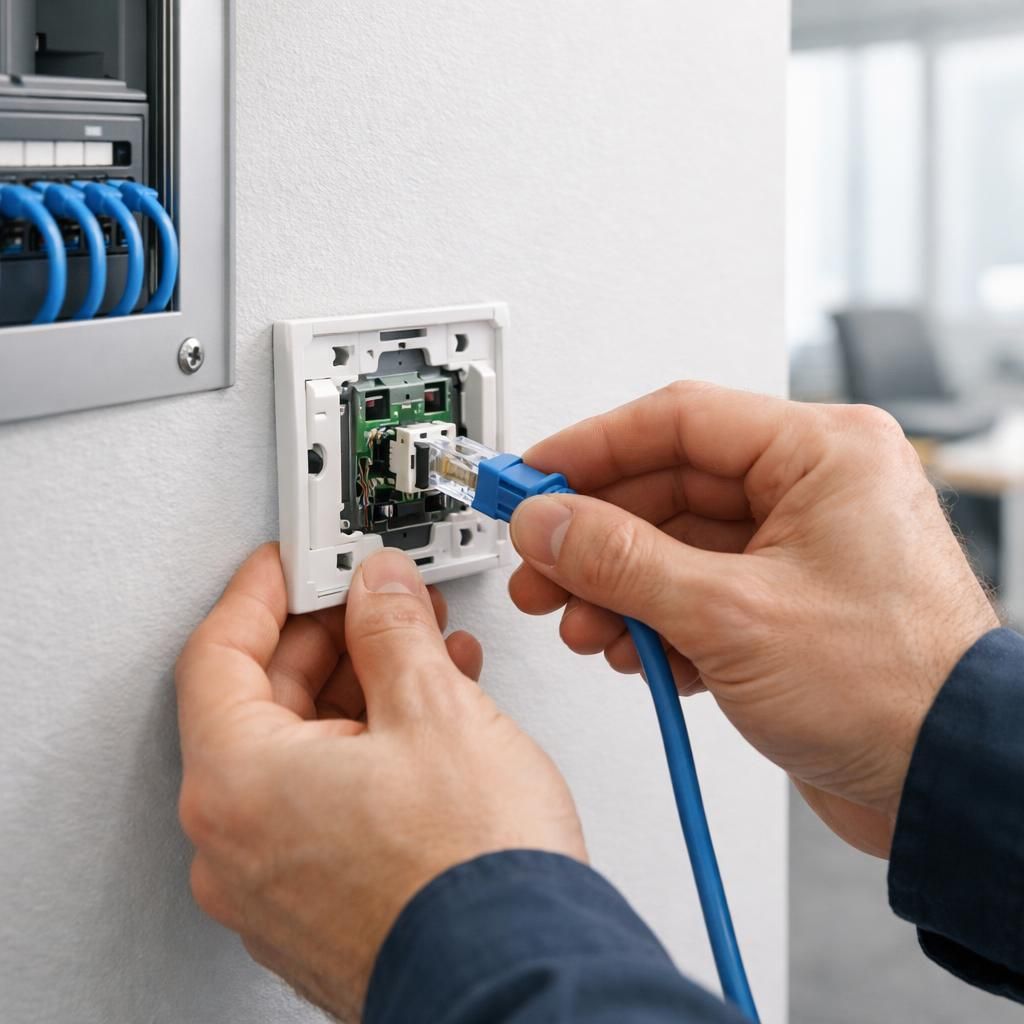 Technicien installant une prise de communication RJ45 murale dans un bureau