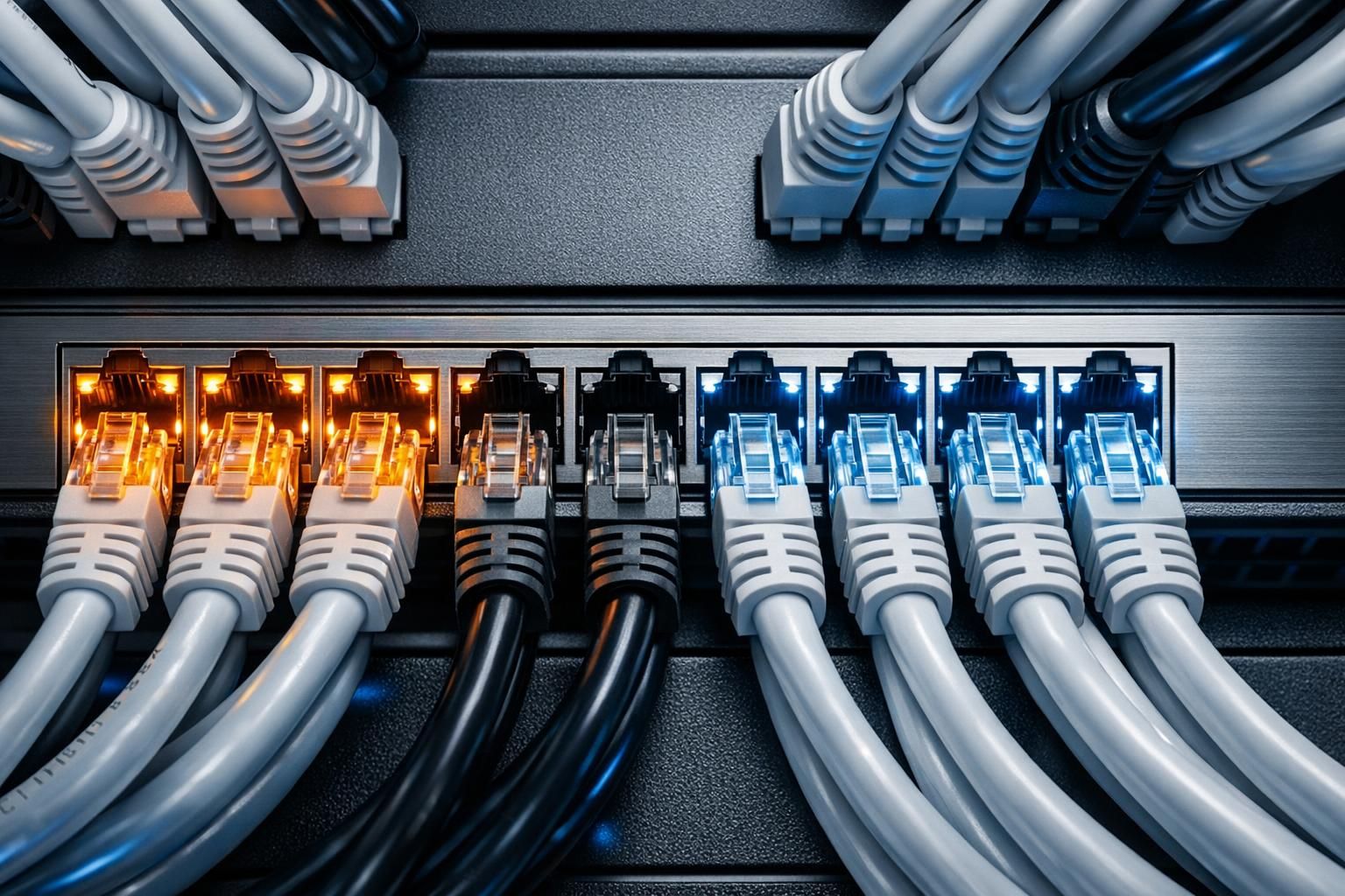 Switch réseau avec ports PoE et câbles de brassage dans une baie