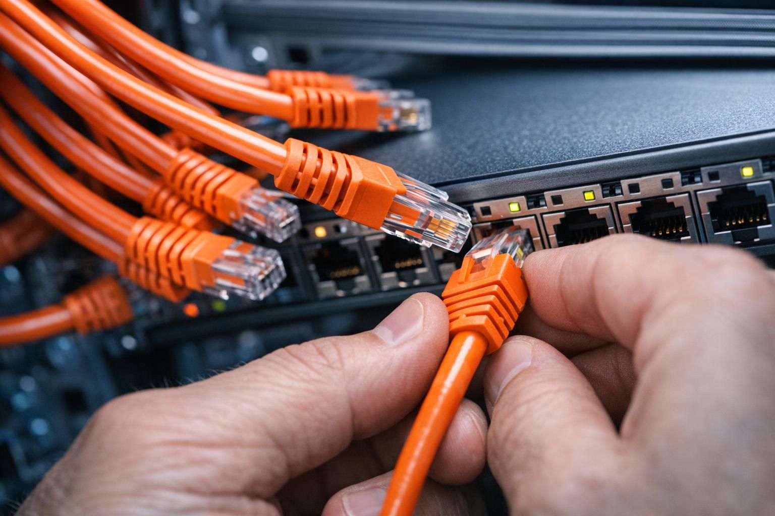 Câblage Cat6a multi-gigabit connecté à un switch pour réseau WiFi 6 en entreprise