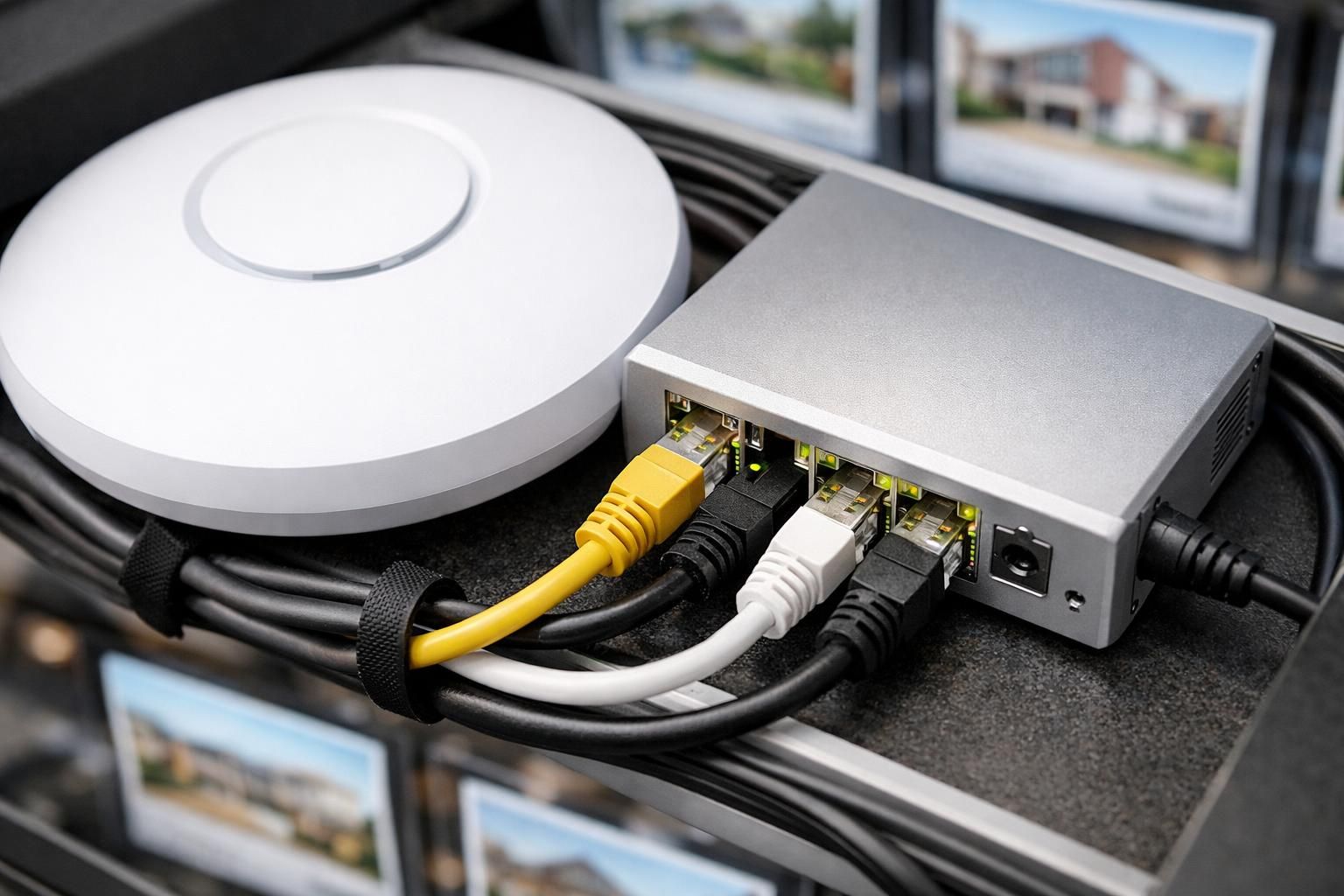Borne WiFi et switch derrière la vitrine digitale d'une agence immobilière