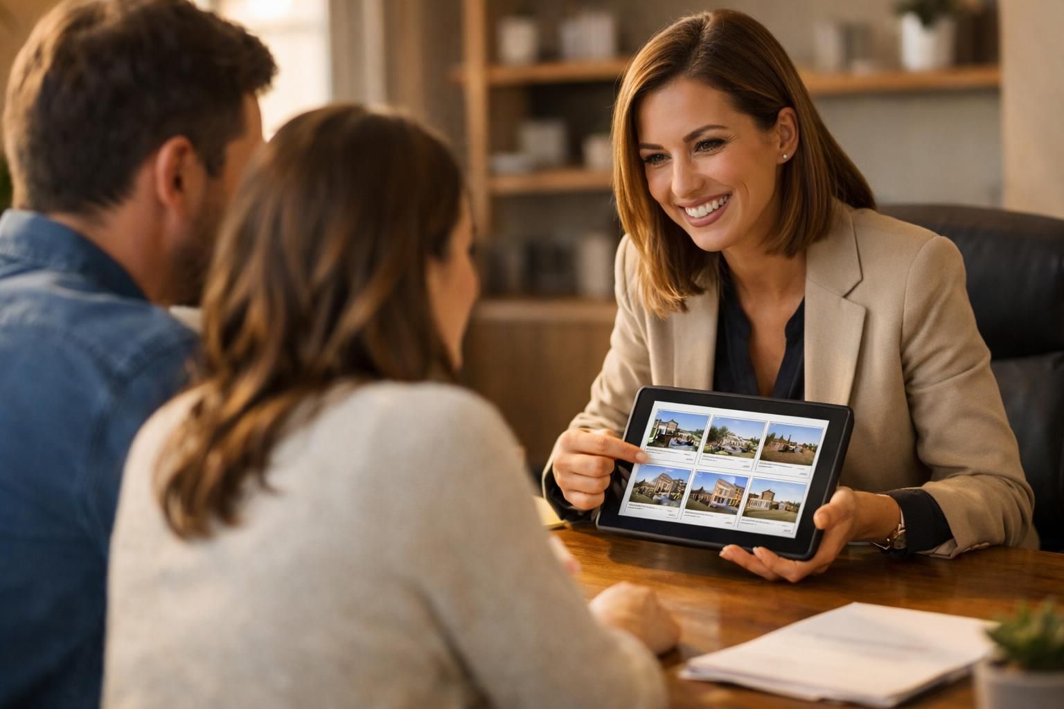 Conseiller immobilier présentant des annonces sur tablette à des clients en agence