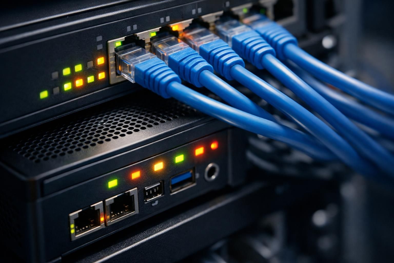 Switch managé et pare-feu sécurisés dans la baie réseau d'un cabinet