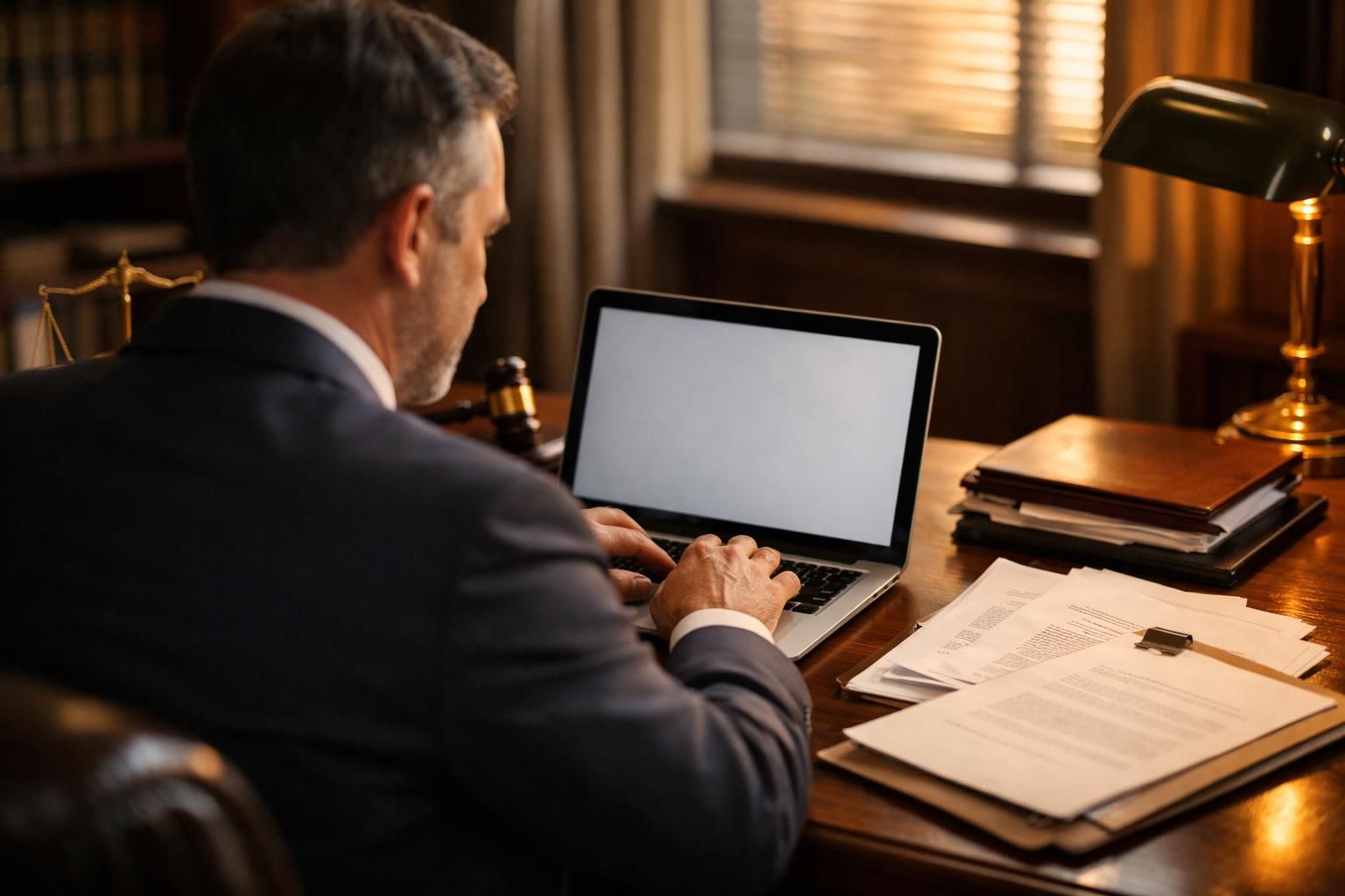 Avocat travaillant sur des dossiers confidentiels depuis son ordinateur portable